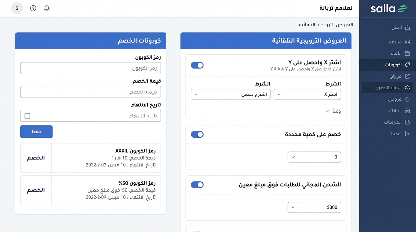 واجهة مستخدم لوحة التحكم في متجر إلكتروني تُظهر قسم العروض الترويجية التلقائية وقسمي كوبونات الخصم والعروض الترويجية. في قسم العروض الترويجية التلقائية توجد خيارات لتفعيل عروض اشتري X واحصل على Y، خصم على كمية محددة، والشحن المجاني للطلبات فوق مبلغ معين. في قسم كوبونات الخصم تظهر حقول لإدخال رمز الكوبون وقيمة الخصم وتاريخ الانتهاء، بالإضافة إلى قائمة بكوبونات فعالّة مع تفاصيلها.