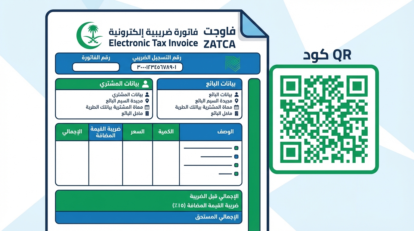 صورة لفاتورة ضريبية إلكترونية من الهيئة السعودية للزكاة والضرائب والجمارك (ZATCA) باللغتين العربية والإنجليزية تحتوي على حقول لرقم التسجيل الضريبي، رقم الفاتورة، بيانات البائع والمشتري، جدول يحتوي على الأعمدة: الوصف، الكمية، السعر، ضريبة القيمة المضافة، الإجمالي، مع رمز استجابة سريع (QR Code) على الجانب الأيمن.