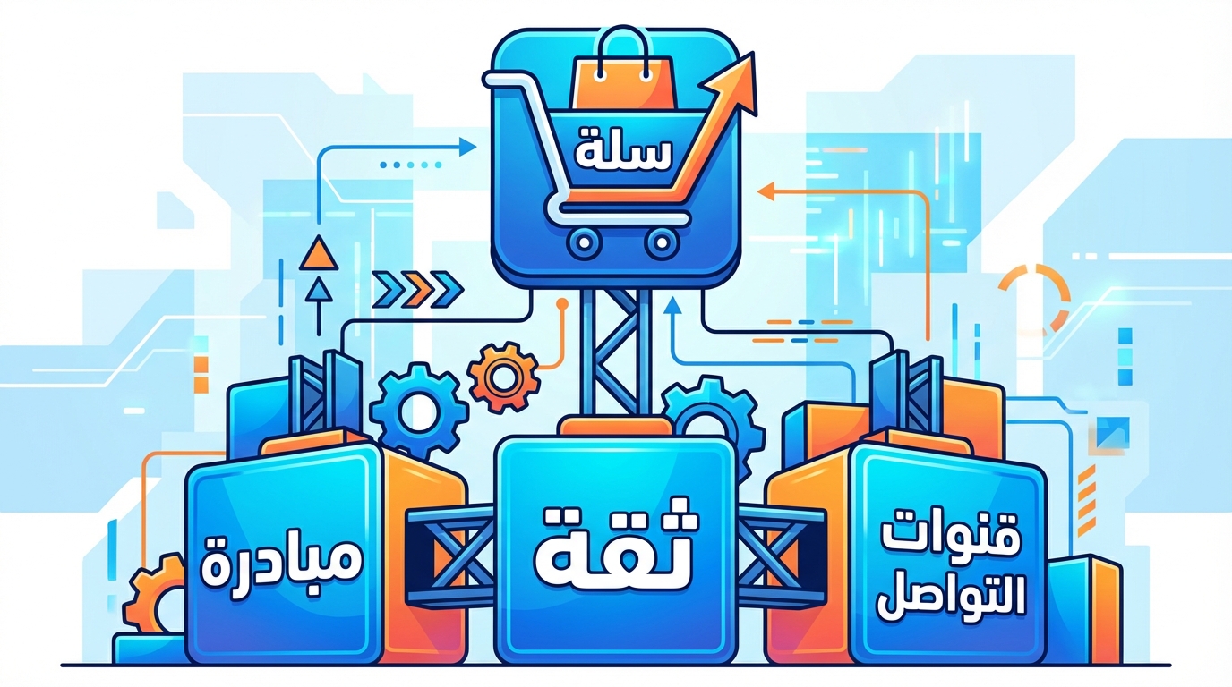 رسم توضيحي يحتوي على ثلاثة صناديق كبيرة تحمل الكلمات: مبادرة، ثقة، وقنوات التواصل، وصندوق علوي عليه رمز عربة تسوق وكلمة سلة مع سهم يشير إلى الأعلى، يشير إلى بناء أساس خدمة العملاء الاستباقية في متجر سلة.
