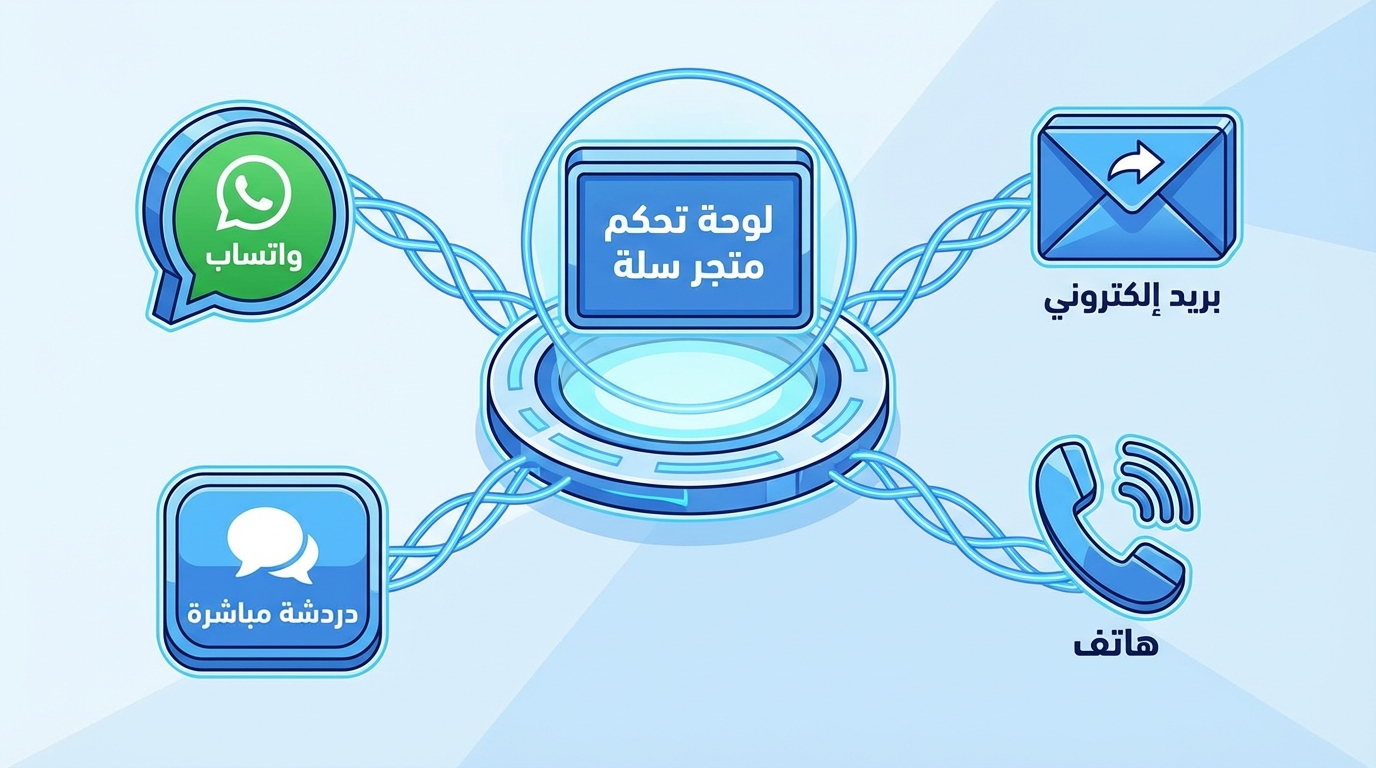 رسم توضيحي يضم لوحة تحكم متجر سلة في المنتصف متصلة بأربع أيقونات تمثل قنوات التواصل المختلفة: واتساب، بريد إلكتروني، دردشة مباشرة، وهاتف.