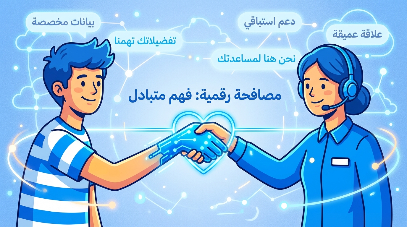 رسم توضيحي لشاب وامرأة يرتديان سماعة رأس يتصافحان بأيدي رقمية تنبعث منها إشعاعات زرقاء. حولهما نصوص بالعربية تتحدث عن مفاهيم مثل 'بيانات مخصصة' و'تفضيلاتك تهمنا' و'دعم استباقي' و'علاقة عميقة' و'نحن هنا لمساعدتك'. في وسط الصورة عنوان كبير يقول 'مصافحة رقمية: فهم متبادل'. الخلفية تحتوي على أنماط شبكية وعناصر تقنية تمثل الاتصال الرقمي.