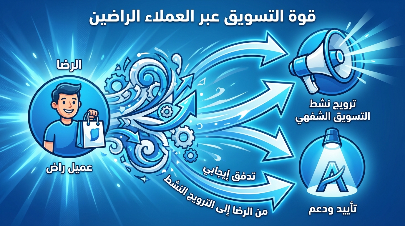 رسم توضيحي يظهر قوة التسويق عبر العملاء الراضين، مع صورة لرجل سعيد يحمل حقيبة تسوق مكتوب بجانبه 'الرضا عميل راض'. الأسهم تشير من الرجل إلى ثلاثة عناصر: 'ترويج نشط التسويق الشفهي' مع مكبر صوت، 'تدفق إيجابي'، و'تأييد ودعم' مع إضاءة تسلط على شعار.