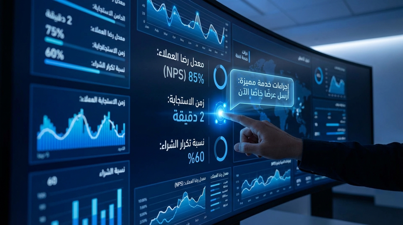 صورة لشخص يشير بيده إلى شاشة كبيرة تعرض لوحة تحكم تحتوي على رسوم بيانية ومؤشرات نسبة رضا العملاء ووقت الاستجابة ونسبة تكرار الشراء، مع نص يظهر على الشاشة يذكر إجراءات خدمة مميزة مع رسالة باللون الأزرق.