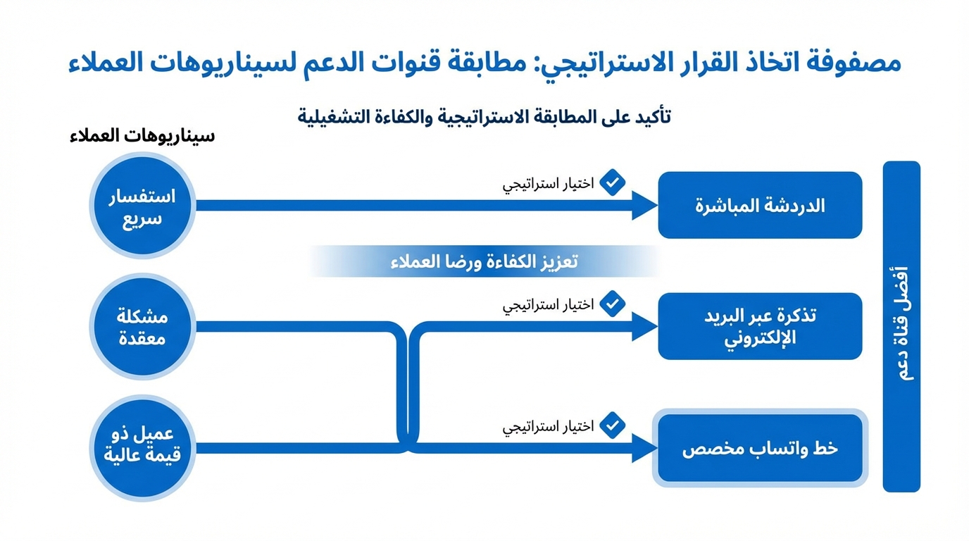 مخطط يوضح اتخاذ القرار الاستراتيجي لمطابقة قنوات الدعم مع سيناريوهات العملاء في خدمة العملاء. يتضمن ثلاث سيناريوهات للعملاء: استفسار سريع، مشكلة معقدة، وعميل ذو قيمة عالية. لسيناريو الاستفسار السريع يتم اختيار الدردشة المباشرة، وللمشكلة المعقدة يتم اختيار تذكرة عبر البريد الإلكتروني وللعميل ذو القيمة العالية يتم اختيار خط واتساب مخصص، مع التأكيد على اختيار استراتيجي لتقوية الكفاءة ورضا العملاء وتحقيق أفضل قناة دعم.