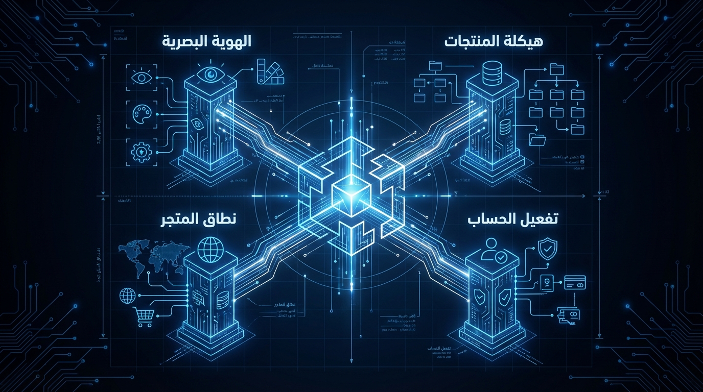 رسم بياني إلكتروني يظهر أربعة أعمدة متصلة بمكعب في المركز، الأعمدة تمثل: الهوية البصرية، هيكل المنتجات، نطاق المتجر، تفعيل الحساب، وكل عمود يحتوي على رموز مرتبطة كالعين، قاعدة بيانات، خريطة عالمية، ودرع أمان على التوالي، مع خطوط وربط يشير إلى بنية متكاملة لإعدادات متجر إلكتروني.