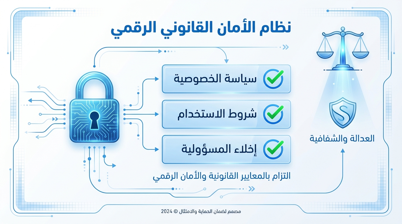 مخطط يوضح نظام الأمان القانوني الرقمي يحتوي على قفل أزرق في اليسار، وثلاثة عناصر مرتبطة به تحمل عناوين: سياسة الخصوصية، شروط الاستخدام، إخلاء المسؤولية، مع علامات تحقق خضراء بجانبها. في الجانب الأيمن يوجد رمز ميزان العدالة مع درع مكتوب عليه حرف S ونص بجانبه: العدالة والشفافية. في الأسفل يوجد نص يوضح الالتزام بالمعايير القانونية والأمان الرقمي.