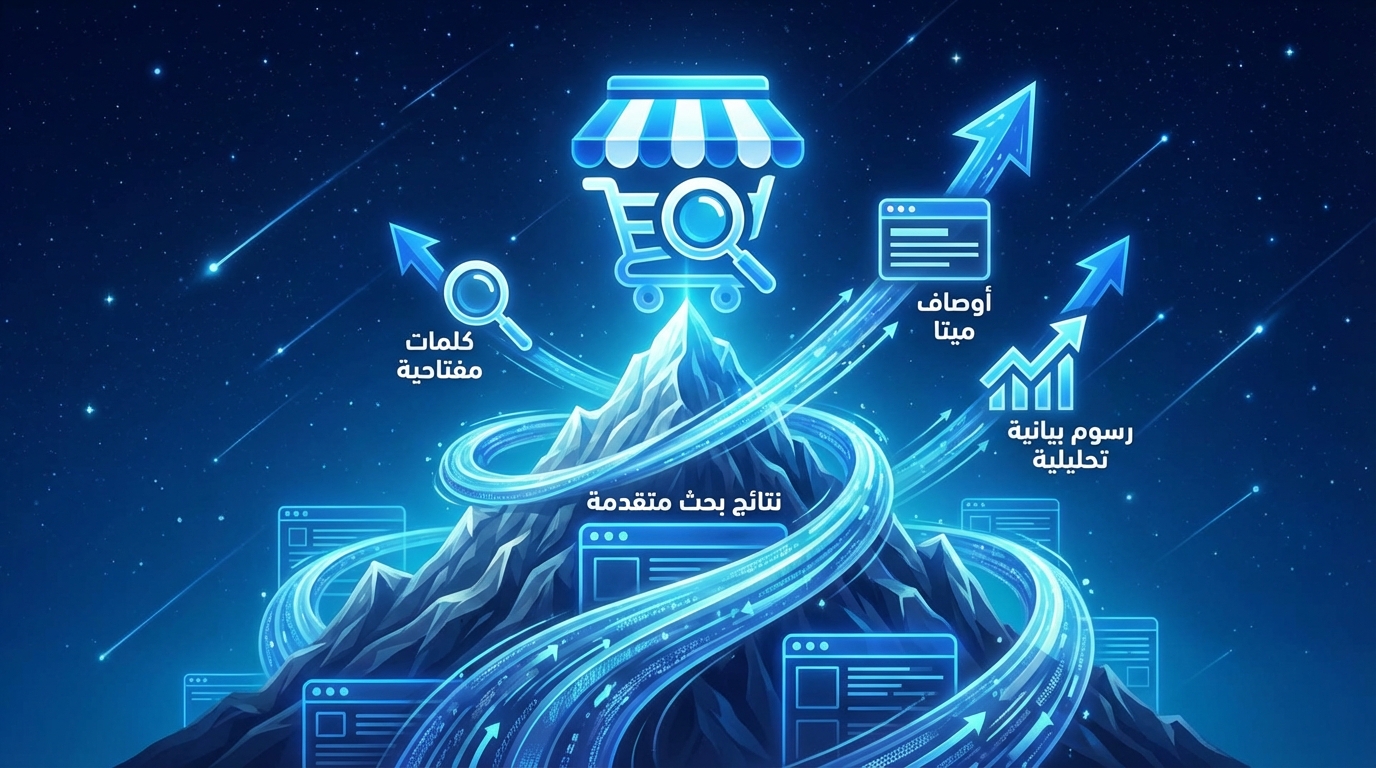 رسم توضيحي يظهر جبلًا رمزيًا مع مسارات مضيئة تصاعدية تمثل نتائج بحث متقدمة في متجر إلكتروني، مع أيقونات لكلمات مفتاحية، أوصاف ميتا، ورسوم بيانية تحليلية.