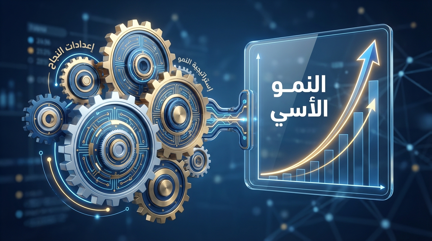 صورة تمثيلية متعددة التروس الزرقاء والذهبية المتصلة التي تمثل إعدادات النجاح واستراتيجية النمو، مع رسم بياني يظهر نموًا أسيًا في واجهة شفافة بجانب التروس مكتوب عليه 'النمو الأسي'.
