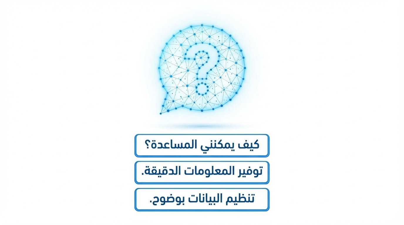 صورة تحتوي على رمز فقاعات حوار زرقاء مرسومة بنمط نقطة وخط تشكل علامة استفهام في الوسط، وتحتها ثلاث مربعات نصية تحتوي على أسئلة وإجابات باللغة العربية تتعلق بالمساعدة وتوفير المعلومات وتنظيم البيانات بوضوح.