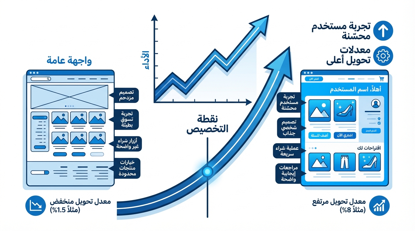 رسم بياني يوضح تأثير تخصيص تصميم متجر سلة على الأداء ومعدلات التحويل. على اليسار واجهة عامة تظهر تصميم مزدحم، تجربة تسوق بطيئة، أزرار شراء غير واضحة، وخيارات منتجات محدودة مع معدل تحويل منخفض 1.5%. في المنتصف نقطة تخصيص تشير إلى بداية تحسن الأداء. على اليمين واجهة مستخدم محسنة بتجربة مستخدم سلسة، تصميم شخصي جذاب، عملية شراء سريعة، ومراجعات إيجابية واضحة مع معدل تحويل مرتفع 8%. السهمان يشيران لزيادة الأداء والتحويل بعد التخصيص.