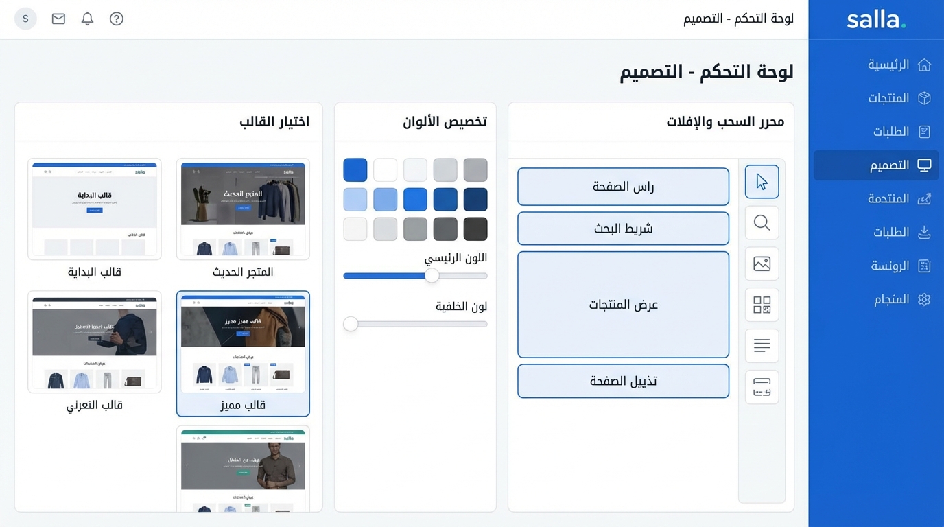 واجهة لوحة تحكم تصميم متجر إلكتروني على منصة سلة باللغة العربية، تعرض خيارات اختيار القالب بين أربع تصاميم مختلفة، وأدوات تخصيص الألوان باللون الرئيسي ولون الخلفية، ومحرك السحب والإفلات لتعديل رأس الصفحة، شريط البحث، عرض المنتجات، وتذييل الصفحة. القائمة الجانبية تشمل روابط للرئيسية، المنتجات، الطلبات، التصميم، المتقدمة، الرويسة، والسنجم.