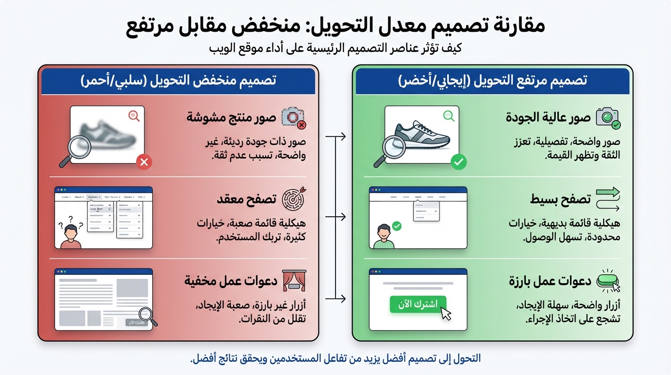 جدول مقارنة بين تصميم منخفض التحويل (سلبي/أحمر) وتصميم مرتفع التحويل (إيجابي/أخضر) يوضح تأثير عناصر التصميم على أداء موقع الويب. في التصميم المنخفض التحويل، الصور مشوشة، التصفح معقد، ودعوات العمل مخفية، مما يسبب انخفاض الثقة ويصعب الاستخدام. في التصميم المرتفع التحويل، الصور واضحة وعالية الجودة، التصفح بسيط مع قائمة محدودة الخيارات، والدعوات إلى العمل بارزة، مما يعزز الثقة ويسهل اتخاذ الإجراءات. النص يشير إلى أن التحول إلى تصميم أفضل يزيد من تفاعل المستخدمين ويحقق نتائج أفضل.