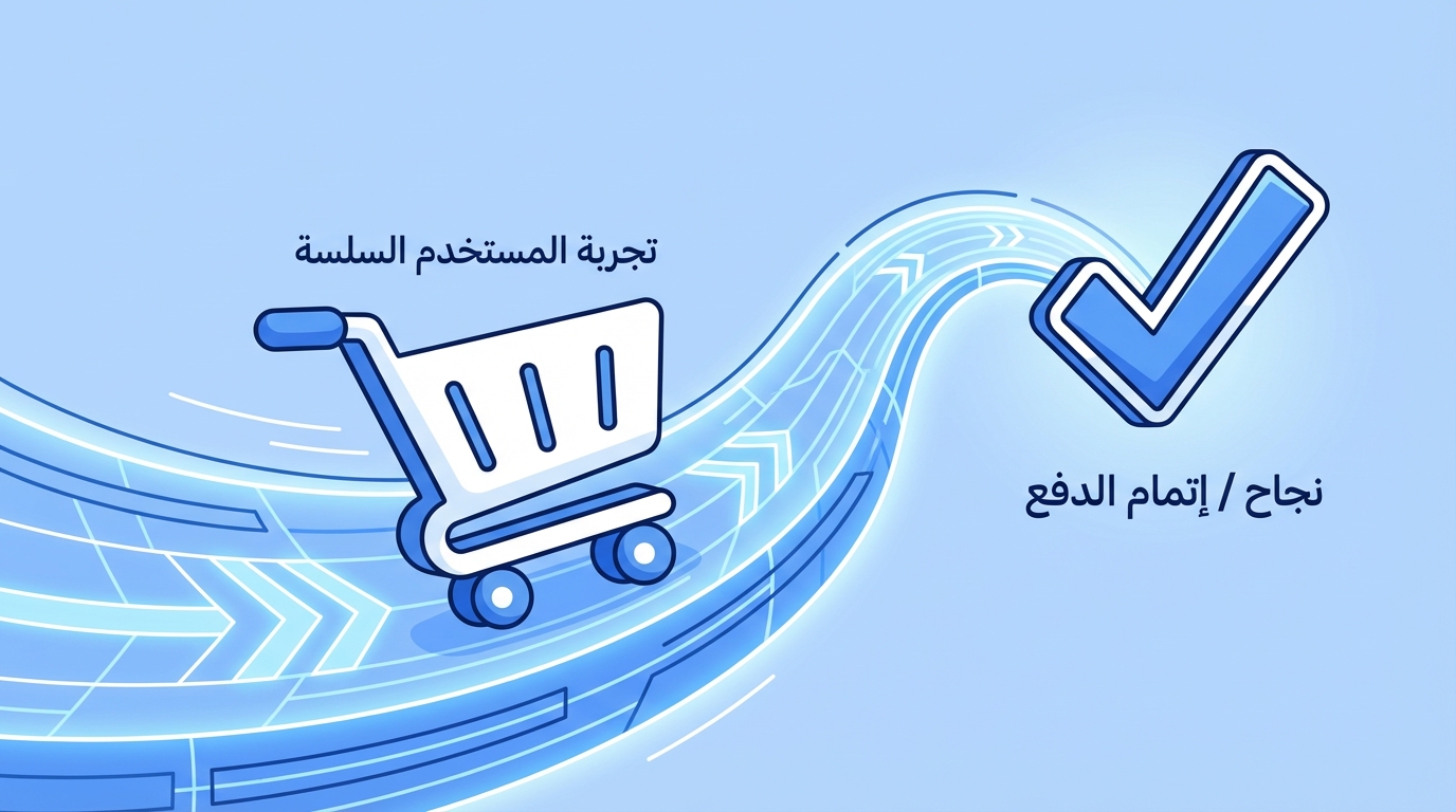 رسم توضيحي لعربة تسوق بجانب نص باللغة العربية يقول 'تجربة المستخدم السلسة' وعلى الجانب الأيمن علامة صح كبيرة مع نص 'نجاح / إتمام الدفع' توحي بنجاح عملية الشراء عبر متجر إلكتروني