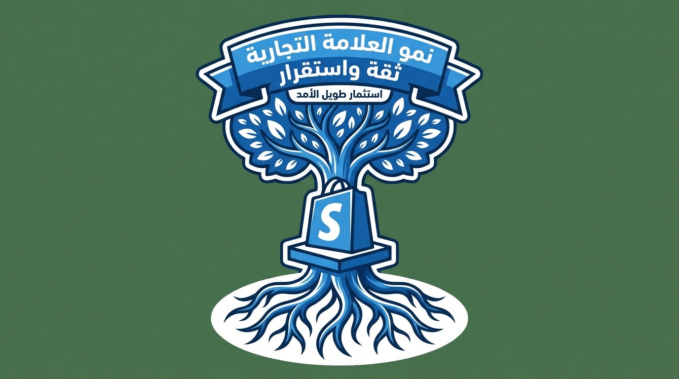صورة شعار يظهر شجرة باللون الأزرق مع جذور وأغصان وورقة تحمل رمز متجر إلكتروني. في الأعلى، شريط علوي مكتوب عليه باللون الأبيض: 'نمو العلامة التجارية ثقة واستقرار'، وأسفله عبارة صغيرة مكتوبة: 'استثمار طويل الأمد'.