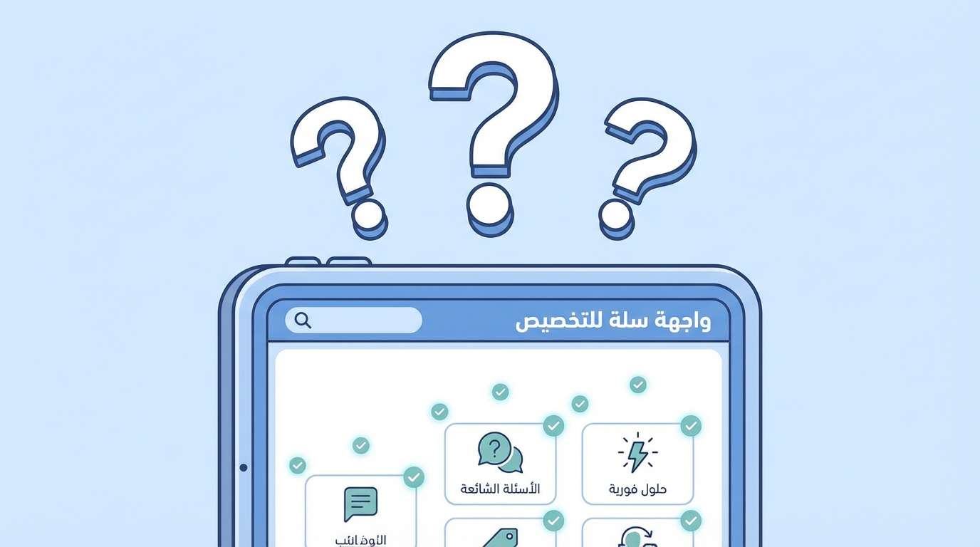 رسم توضيحي لواجهة تطبيق على جهاز لوحي بعنوان 'واجهة سلة للتخصيص' يظهر ثلاثة أيقونات مع نصوص بالعربية: 'الأوثنثب' مع إشارة تحقق، 'الأسئلة الشائعة' مع إشارة تحقق، و'حلول فورية' مع إشارة تحقق، وثلاث علامات استفهام كبيرة فوق الجهاز اللوحي في الخلفية.