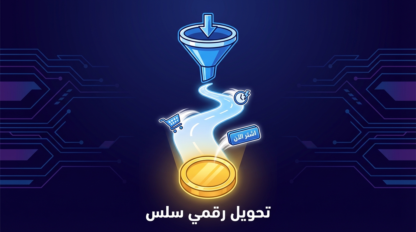 رسم توضيحي يظهر مسار يمر عبر قمع في الأعلى ويؤدي إلى عملة معدنية ذهبية في الأسفل، مع أيقونات عربة تسوق، ساعة توقيت، وزر مكتوب عليه 'اشتر الآن'، وخلفية بتصميم تقني باللون الأزرق الداكن.