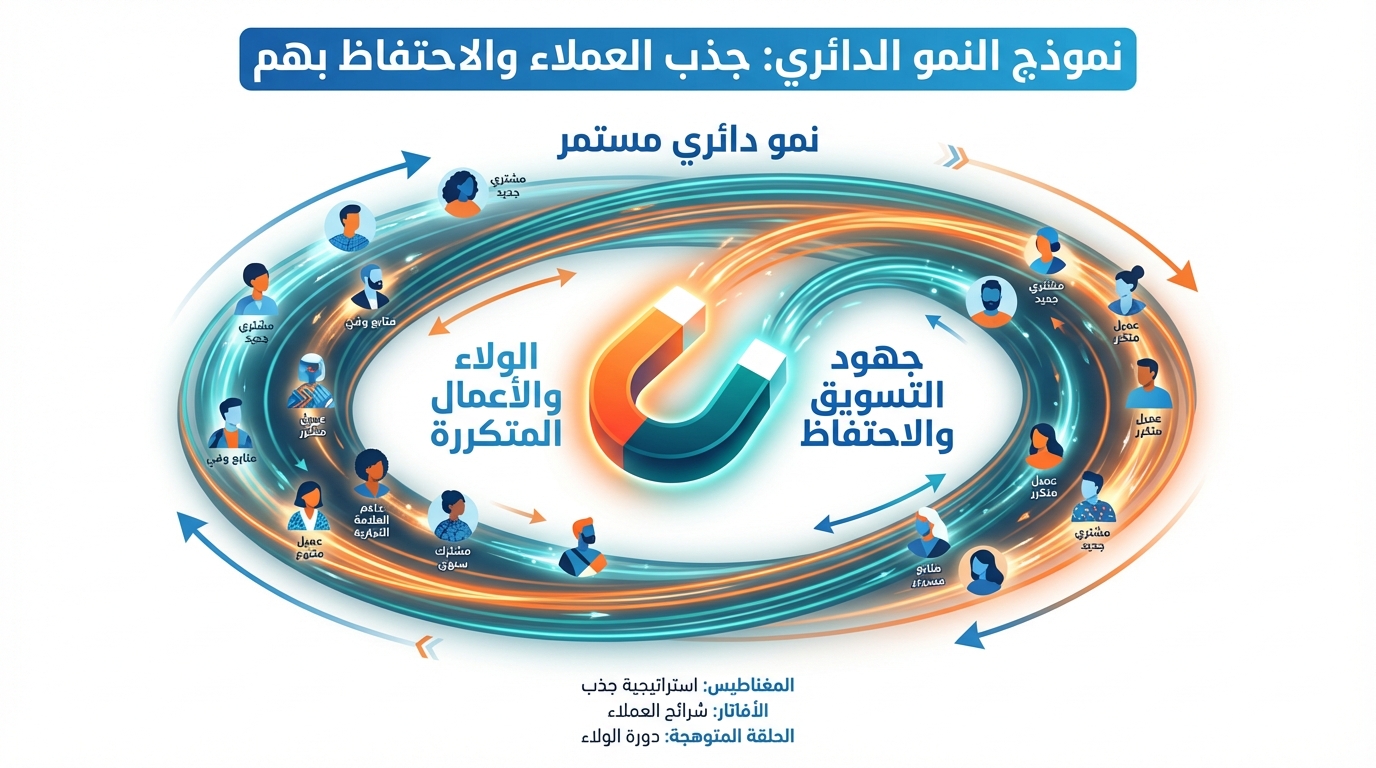 رسم بياني دائري يوضح نموذج النمو الدائري لجذب العملاء والاحتفاظ بهم مع مغناطيس في المنتصف يمثل جهود التسويق والاحتفاظ والولاء والأعمال المتكررة. يحتوي النموذج على عدد من الشخصيات الحاملة لأدوار مثل مشترك جديد، مشترك وفي، عميل متكرر، عميل متفرد، عميل متنوع، صناع محتوى، شاهد، وأعلام علامة تجارية، مع أسهم تشير إلى دورة نمو مستمر.