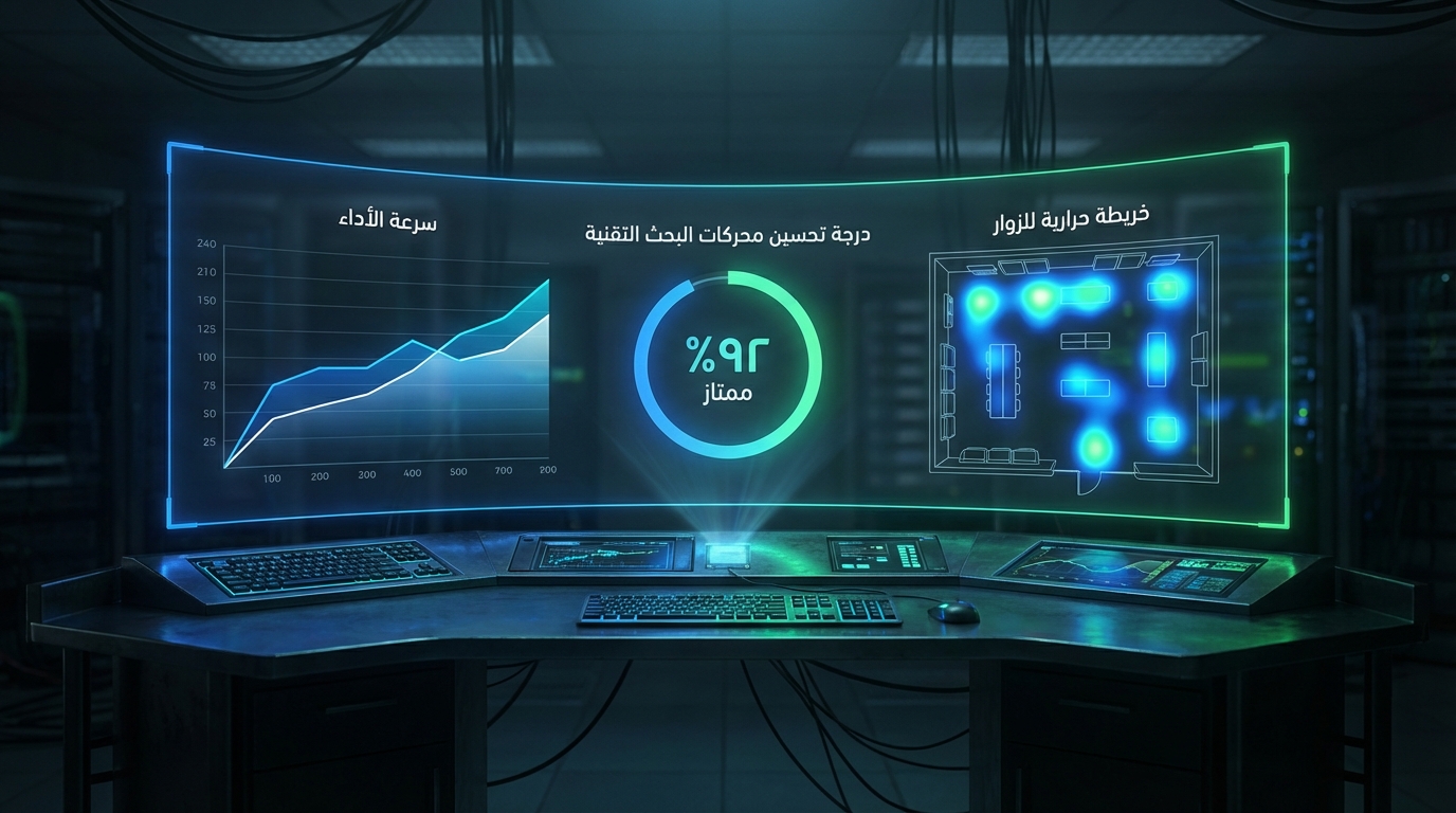 لوحة عمل بها شاشات عرض مع واجهة رقمية تحتوي على رسم بياني لسرعة الأداء، نسبة تحسين محركات البحث التقنية 92% مكتوبة في وسط دائرة نسبية، وخريطة حرارية للزوار. الألوان تميل للأزرق والأخضر بتأثيرات مستقبلية في بيئة تقنية معتمة.