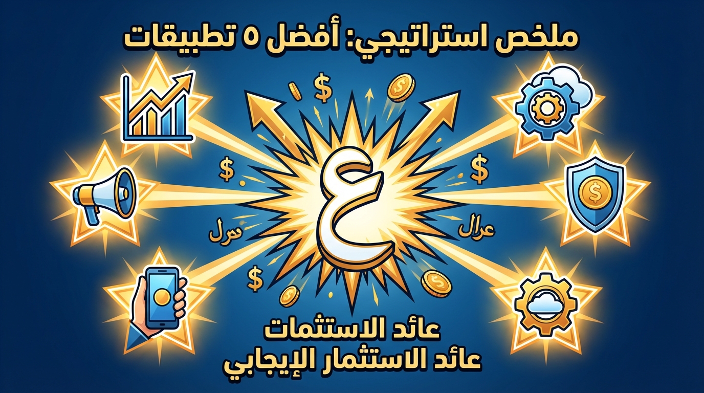 صورة بيانية تحتوي على رسم مركزي لحرف ع باللغة العربية محاط بخمس نجوم، كل نجم يحتوي على أيقونة تقنية تمثل تطبيقات مختلفة مثل رسم بياني للنمو، مكبر صوت، هاتف محمول، دائرة سن gears، وترس حماية مع قطعة سحابة. النص في أعلى الصورة مكتوب بالعربية يشير إلى ملخص استراتيجي لأفضل خمسة تطبيقات، والنص في الأسفل يذكر عائد الاستثمارات وعائد الاستثمار الإيجابي، مع رموز دولار وعملات معدنية تقدم فكرة عن العائد المالي.
