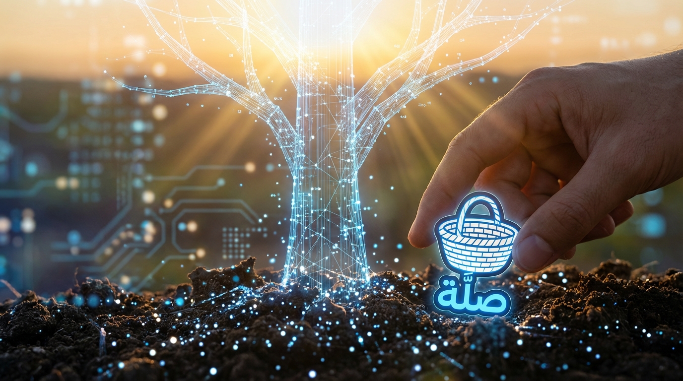 يد رجل تزرع رمز سلة مضيء عليه كلمة "سلة" باللون الأزرق في تربة، بجانب شجرة رقمية مضيئة تمثل التكنولوجيا والنمو.