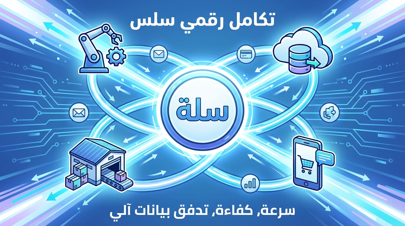 صورة توضيحية لخدمات تكامل رقمي لسلسلة متجر سلة تظهر رموزاً توضح الأتمتة، التخزين، البريد الإلكتروني، والسحابة الرقمية مع نص مكتوب بالعربية يبرز التكامل الرقمي لسلة بسرعة وكفاءة وتدفق بيانات آلي.
