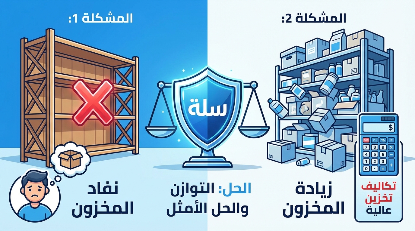 صورة توضيحية لمشاكل إدارة المخزون، تشمل رفوف فارغة تشير إلى نفاد المخزون مع رمز إكس أحمر ورجل يظهر عليه القلق، ورفوف مزدحمة وصندوق آلة حاسبة تشير إلى زيادة تكلفة تخزين المخزون. في المنتصف شعار توازن يمثل الحل الأمثل.