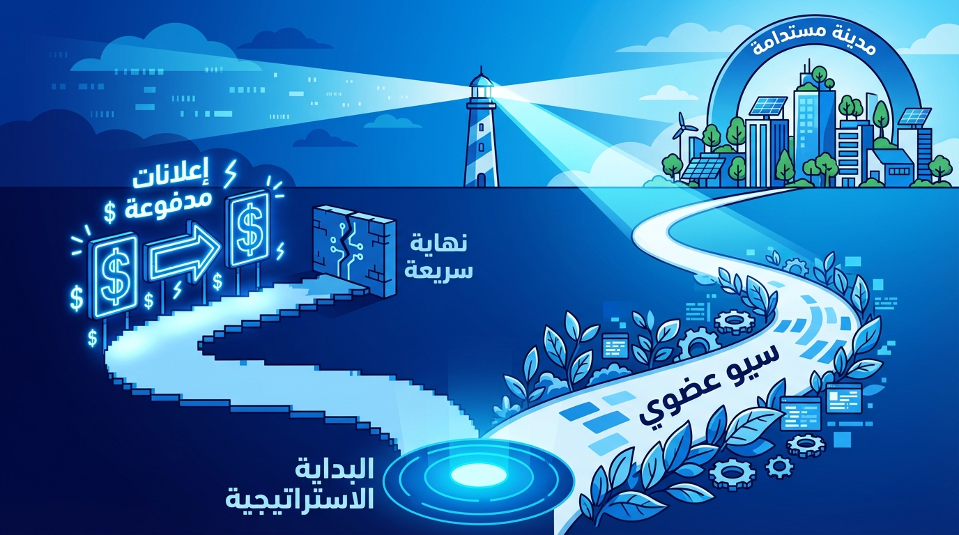 صورة توضيحية تضم مسارين مختلفين يظهران تأثير الإعلان المدفوع مقابل تحسين محركات البحث العضوي (SEO) في الوصول إلى مدينة مستدامة تمثل النجاح الرقمي. المسار الأول يحمل لافتات دولار ويرمز للإعلانات المدفوعة وينتهي بحاجز مكتوب بجانبه 'نهاية سريعة'. المسار الثاني يبدأ من 'البداية الاستراتيجية' ويتجه نحو 'SEO عضوي' مزين بأوراق وعناصر تقنية وينتهي في مدينة مستدامة مزودة بألواح شمسية وطاقة متجددة، مع مصباح منارة يسلط الضوء على الطريق الصحيح.