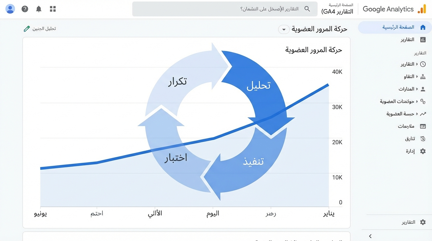 واجهة تقرير في Google Analytics باللغة العربية تعرض حركة المرور العضوية عبر الأشهر من يناير إلى يونيو مع رسم بياني خطي ومنحنى تراكمي. في المركز، يوجد رسم بياني دائري يوضح دورة التحسين المكونة من أربع مراحل: تحليل، تنفيذ، اختبار، تكرار.