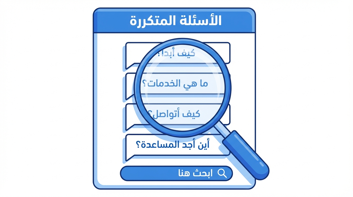 صورة تحتوي على ما يشبه نافذة حوار بأسئلة متكررة مكتوبة باللغة العربية مثل كيف أبدأ؟ ما هي الخدمات؟ كيف أتواصل؟ وأين أجد المساعدة؟ مع عدسة مكبرة تبرز الفقرة الأخيرة من الأسئلة.