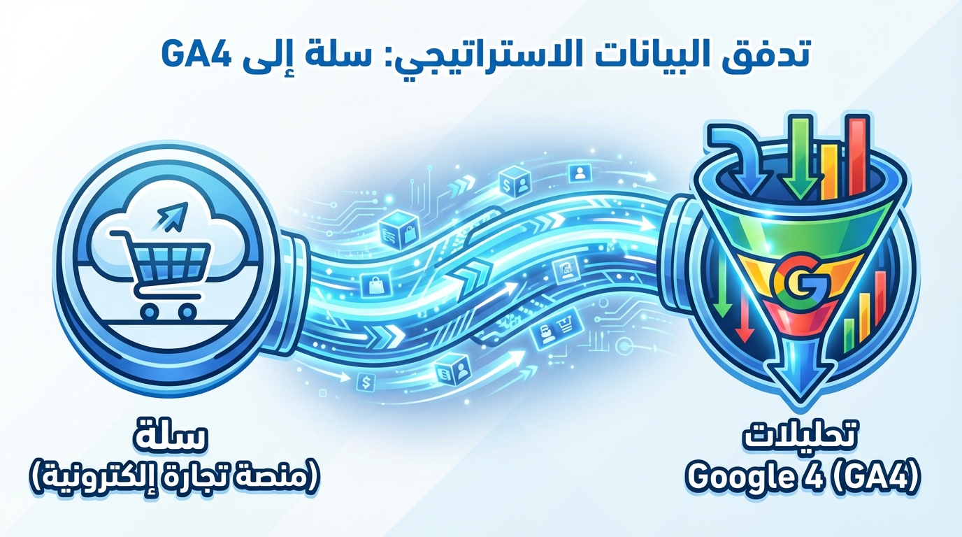تكامل استراتيجي بين منصة سلة وتحليلات Google 4 لتعزيز نمو مبيعات التجارة الإلكترونية رسم توضيحي يظهر تدفق البيانات من منصة تجارة إلكترونية (سلة) إلى تحليلات Google 4 (GA4)، مع رموز سلة تسوق وسحابة على اليسار وأنابيب بيانية وألوان زاهية تمثل التحليل على اليمين. النص بالعربية يشير إلى التكامل الاستراتيجي بين سلة وGA4 لتحليل بيانات التجارة الإلكترونية.