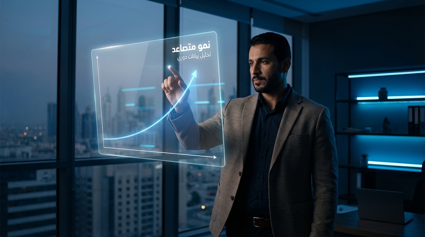 تحليل بيانات متجر سلة: كيفية استخدام المراجعة الدورية لضمان نمو مبيعات مستدام في 2026 رجل يرتدي بدلة رمادية وقميص أسود يتفاعل مع شاشة عرض شفافة تظهر مخططًا بيانيًا بنمو تصاعدي وكلمات 'نمو متصاعد تحليل بيانات دوري' باللغة العربية في بيئة مكتبية مع إطلالة على المدينة في الخلفية.