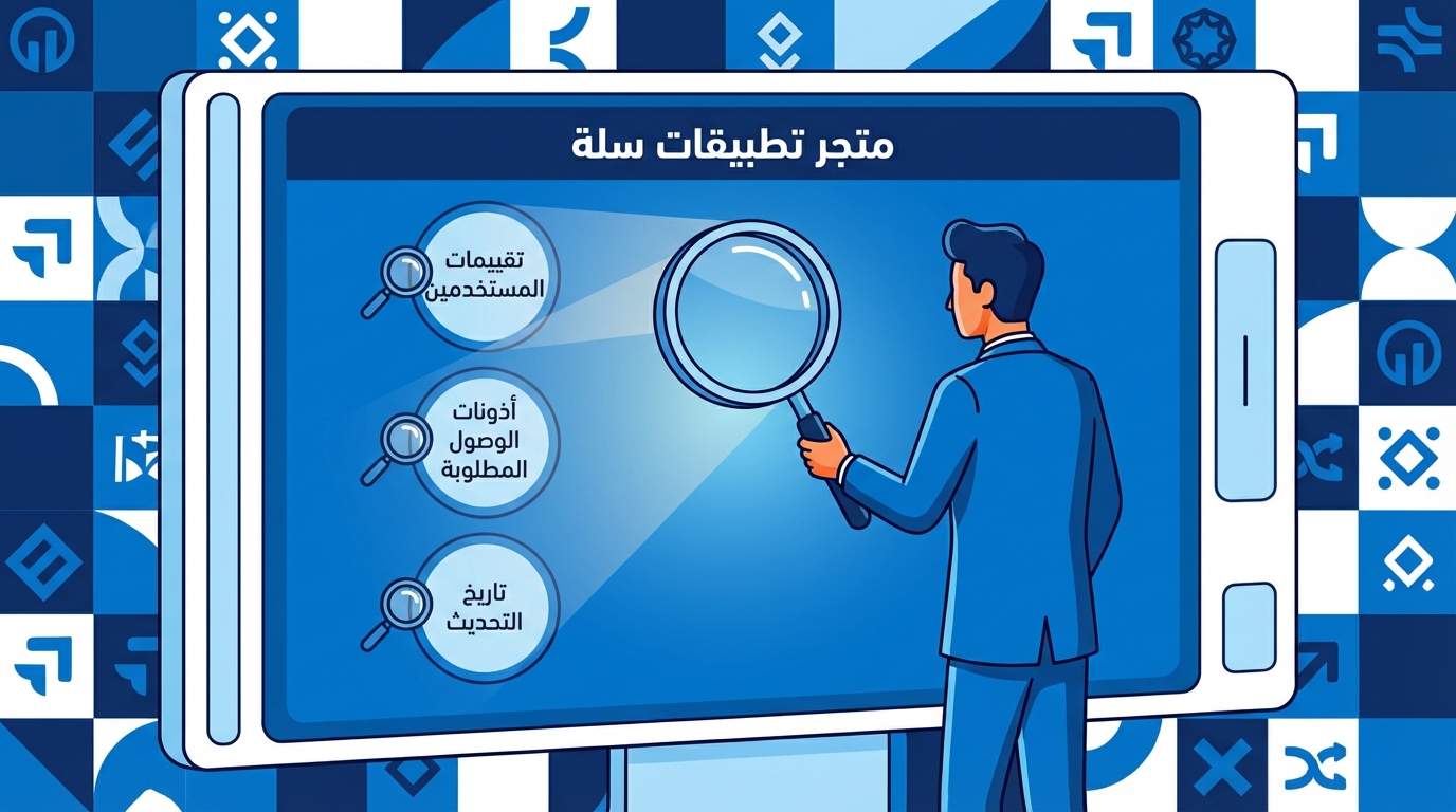 رجل يرتدي بدلة زرقاء يقف أمام شاشة كبيرة على شكل هاتف ذكي ويحمل عدسة مكبرة. على الشاشة عنوان 'متجر تطبيقات سلة' وثلاثة دوائر تحتوي على نصوص: تقييمات المستخدمين، أذونات الوصول المطلوبة، وتاريخ التحديث. خلفية مليئة بأيقونات زرقاء وبيضاء تشير إلى تطبيقات تقنية.