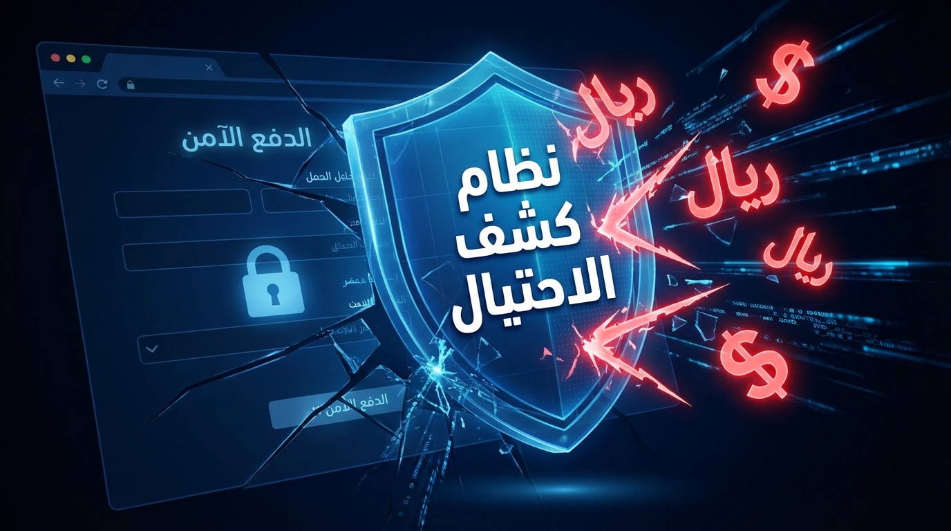 صورة توضيحية لشاشة دفع آمن مع درع أزرق مكتوب عليه نظام كشف الاحتيال باللون الأبيض، مع سهام حمراء توجه نحو الدرع وكلمات 'ريال' وعلامة الدولار، تعبر عن حماية نظام الدفع من عمليات الاحتيال المالي.