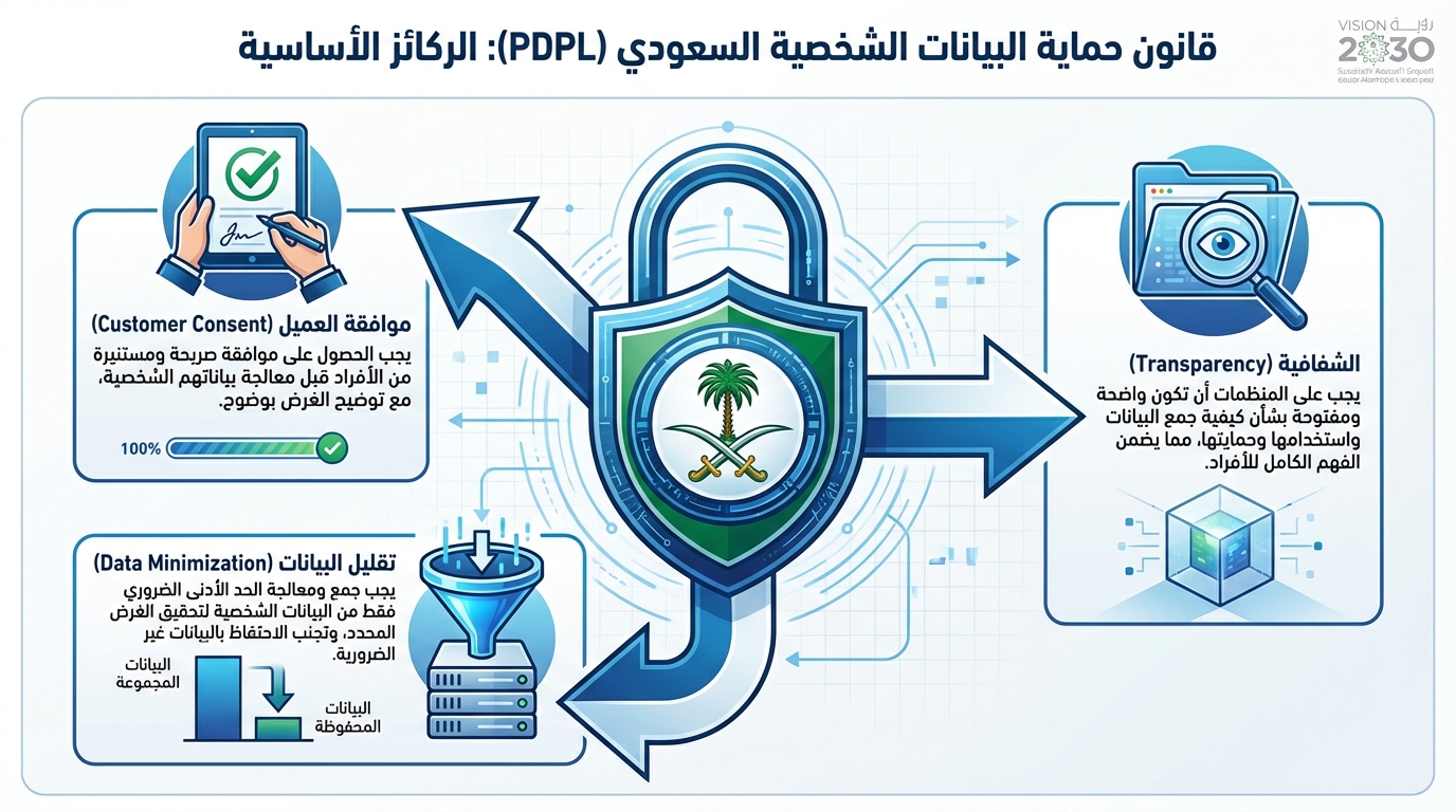 مخطط يوضح الركائز الأساسية لقانون حماية البيانات الشخصية السعودي (PDPL) مع رمز قفل مركزي يحيط به أربعة أيقونات تمثل الموافقة الصريحة من العميل، الشفافية في جمع البيانات، تقليل البيانات لجمع الحد الأدنى الضروري فقط، يرافقها نصوص تشرح كل ركيزة باللغة العربية مع شعار رؤية السعودية 2030 في الزاوية العليا اليمنى.