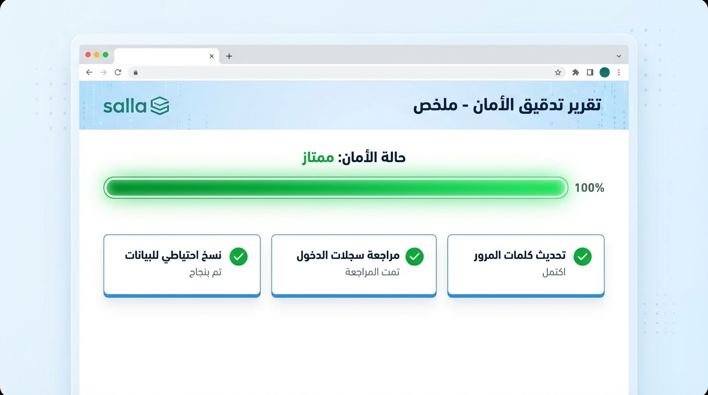 لقطة شاشة لتقرير تدقيق الأمان في منصة سلة تُظهر حالة الأمان ممتازة مع شريط تقدم أخضر مملوء 100٪، ويتضمن التقرير ثلاث خطوات تم تنفيذها بنجاح: تحديث كلمات المرور، مراجعة سجلات الدخول، ونسخ احتياطي للبيانات.