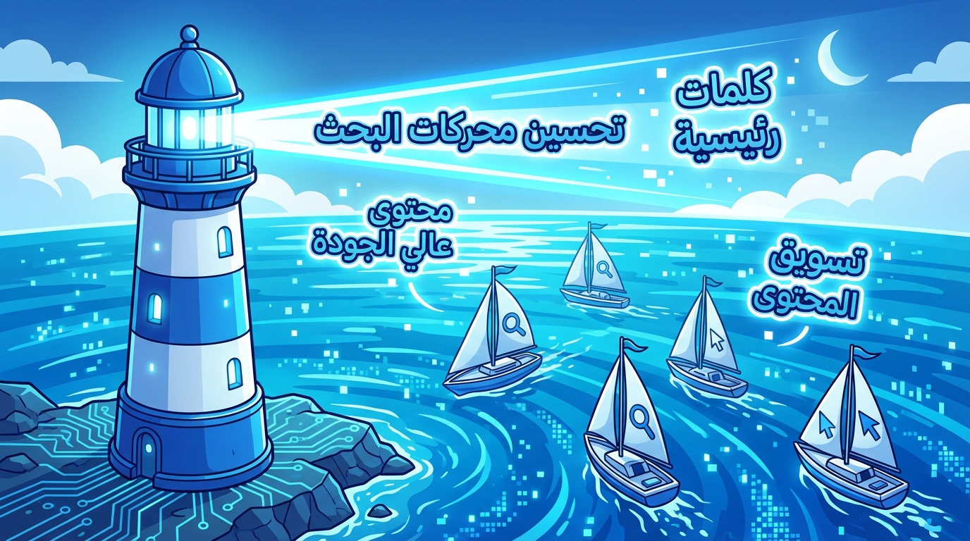 رسم توضيحي لمنارة مضيئة على سطح صخري تحيط به مياه البحر، مع أربع زوارق شراعية في الماء تحمل رموز التكبير والضغط، تحتوي على نصوص عربية تشير إلى كلمات رئيسية مثل تحسين محركات البحث، محتوى عالي الجودة، تسويق المحتوى، وكلمات رئيسية.