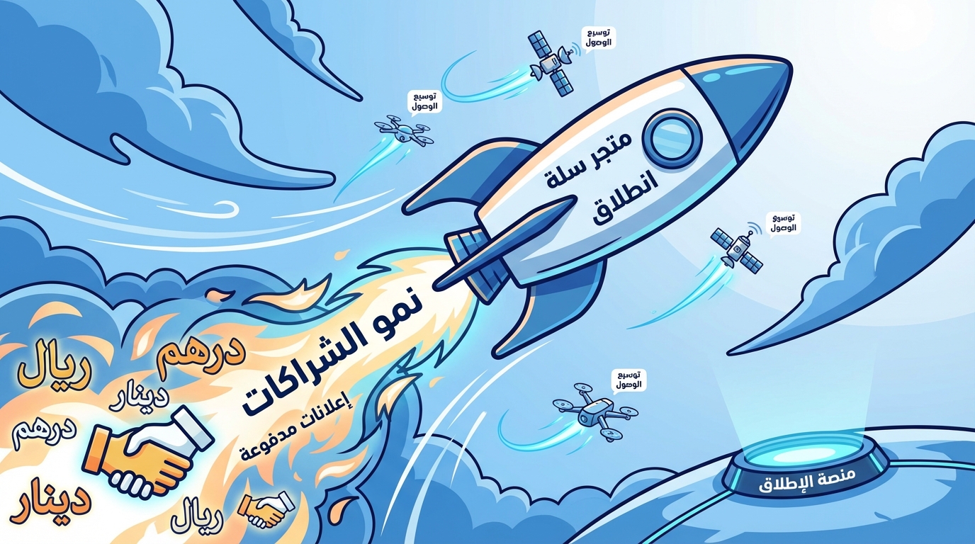 رسم توضيحي لصاروخ يحمل عبارة متجر سلة انطلاق وهو يحترق بلهب يحمل كلمات نمو الشراكات وإعلانات مدفوعة. بجانبه أيادي تتصافح ومبالغ مالية مختلفة مثل درهم، ريال، ودينار. حول الصاروخ عدة طائرات بدون طيار وأقمار صناعية تحمل عبارة توسيع الوصول وتحلق نحو منصة الإطلاق.