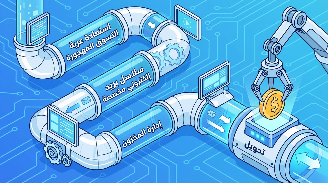 رسم توضيحي يمثل أتمتة التسويق الإلكتروني، يظهر أنابيب متصلة تشير إلى مراحل مختلفة مثل استعادة عربة التسوق المهجورة، سلاسل بريد إلكتروني مخصصة، إدارة المخزون، وتحويل المبيعات باستخدام ذراع آلية تحمل عملة ذهبية مع رمز الدولار.