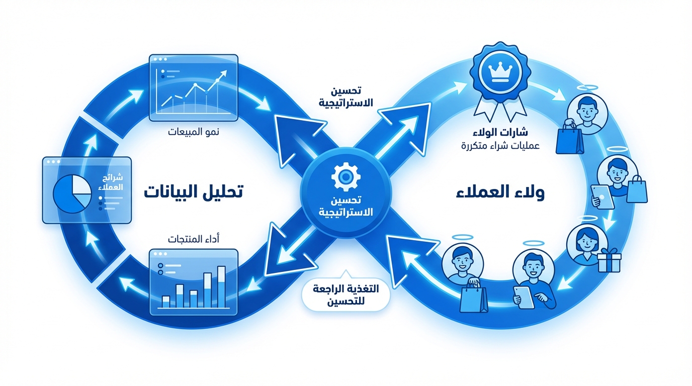 رسم بياني يوضح دورة متكاملة لتحليل البيانات وولاء العملاء في تسويق متجر سلة لعام 2026. يتضمن الرسم سهمين متداخلين على شكل 8 مع نصوص توضيحية حول نمو المبيعات، شرائح العملاء، أداء المنتجات، وعمليات شراء متكررة. في الوسط دائرة تشير إلى تحسين الاستراتيجية والتغذية الراجعة للتحسين.