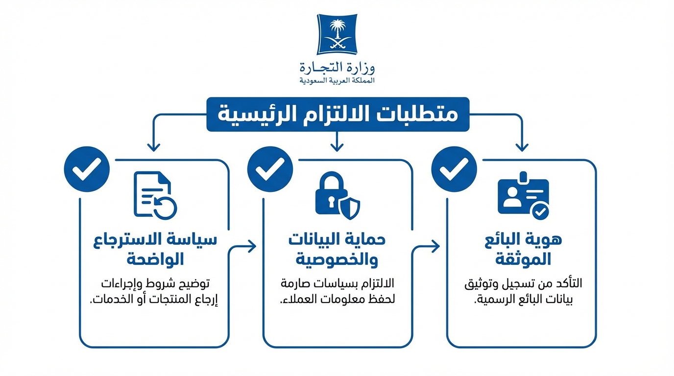 متطلبات الالتزام الأساسية لنظام التجارة الإلكترونية السعودي لتعزيز حماية حقوق العملاء ومصداقية المتجر شعار وزارة التجارة السعودية أعلى صورة تحتوي على متطلبات الالتزام الرئيسية لنظام التجارة الإلكترونية السعودي 2019، تتضمن الهوية الموثقة للبائع، وحماية البيانات والخصوصية، وسياسة الاسترجاع الواضحة مع رموز توضيحية لكل بند.