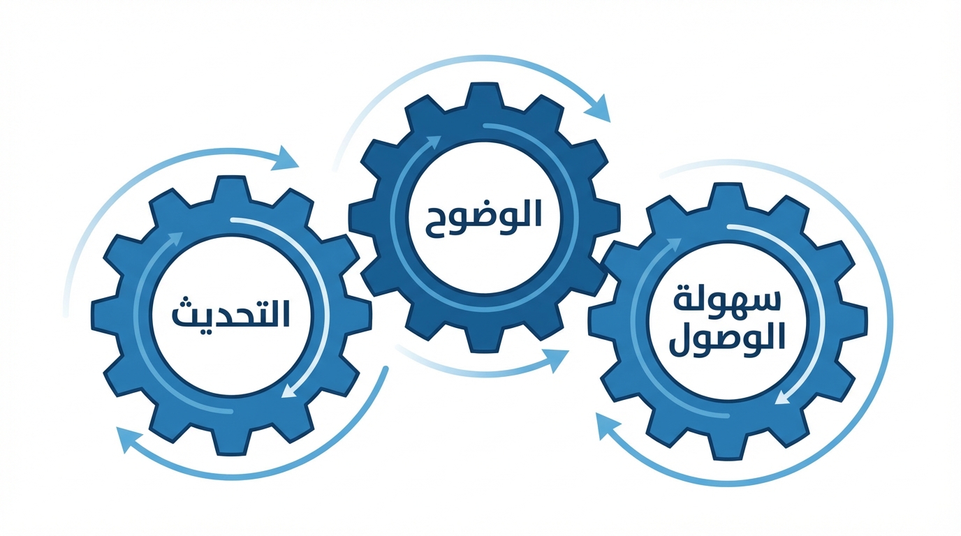 العناصر الأساسية لتحسين سياسات متجر سلة: التحديث، الوضوح، وسهولة الوصول صورة تحتوي على ثلاث تروس صناعية متشابكة باللون الأزرق، داخل كل ترس نص بالعربية: التحديث، الوضوح، سهولة الوصول، مع وجود أسهم تدور حول التروس تشير إلى حركة متتابعة.