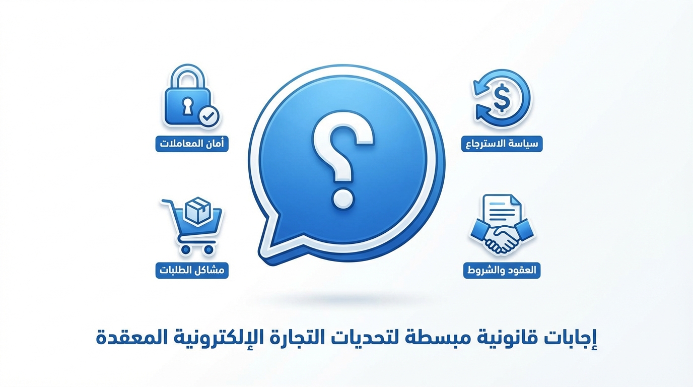 إجابات قانونية مبسطة لتحديات التجارة الإلكترونية في متجر سلة صورة توضح أربعة أيقونات زرقاء حول رمز علامة استفهام كبيرة في منتصف الشاشة. الأيقونات تمثل أمان المعاملات (قفل)، سياسة الاسترجاع (سهم دائري مع رمز الدولار), مشاكل الطلبات (عربة تسوق مع صندوق), والعقود والشروط (يدان مصافحتان مع ورقة). النص أسفل الأيقونات يقول: إجابات قانونية مبسطة لتحديات التجارة الإلكترونية المعقدة.