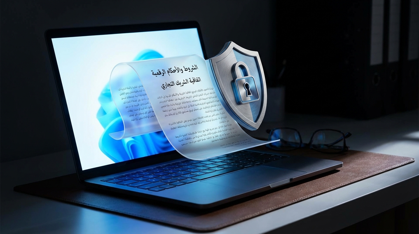 كمبيوتر محمول مفتوح على مكتب يظهر على شاشته وثيقة شفافة تتضمن نصاً باللغة العربية وعنوانها 'الشروط والأحكام الرقمية اتفاقية الشريك التجاري' بجانب رمز درع معدني يحتوي على قفل أمان، مع وجود نظارة فوق المكتب.