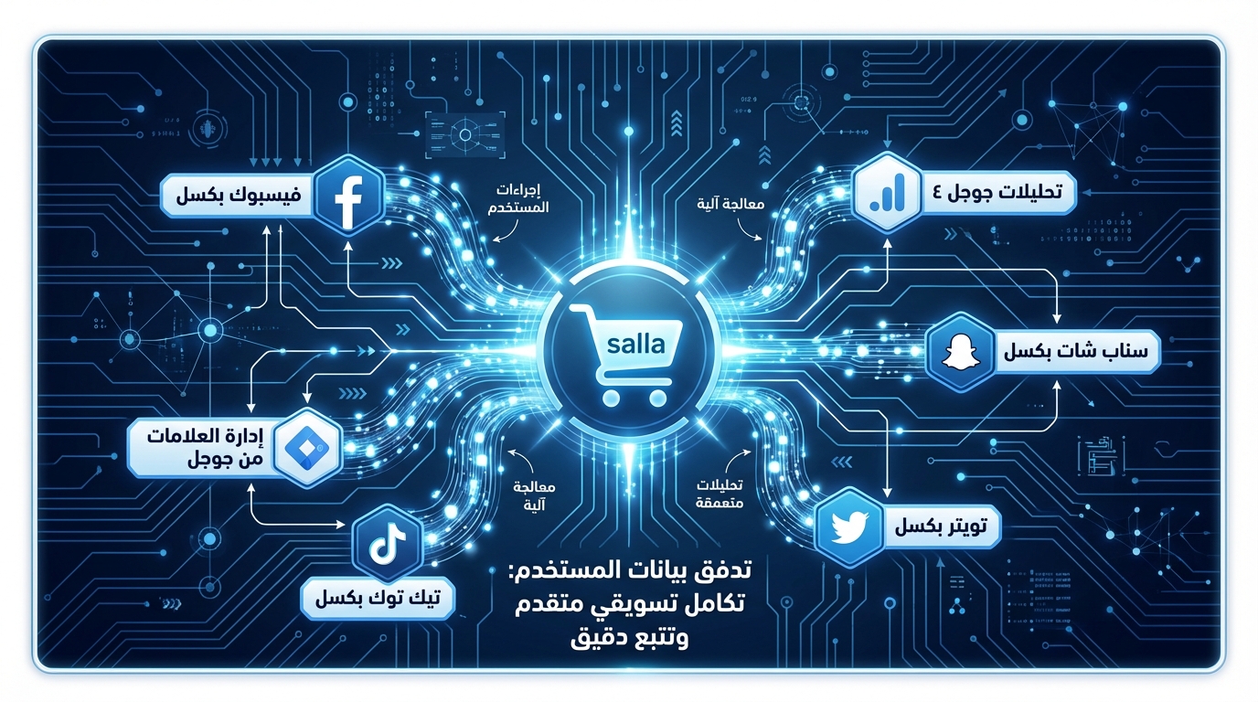 مخطط يوضح تدفق بيانات المستخدم من متجر سلة نحو عدة منصات تسويقية مثل فيسبوك بيكسل، تحليلات جوجل ٤، سناب شات بيكسل، تويتر بيكسل، تيك توك بيكسل، وإدارة العلامات من جوجل، مع الإشارة إلى استخدام المعالجة الآلية والتحليلات المتعمقة لتحقيق تكامل تسويقي متقدم.