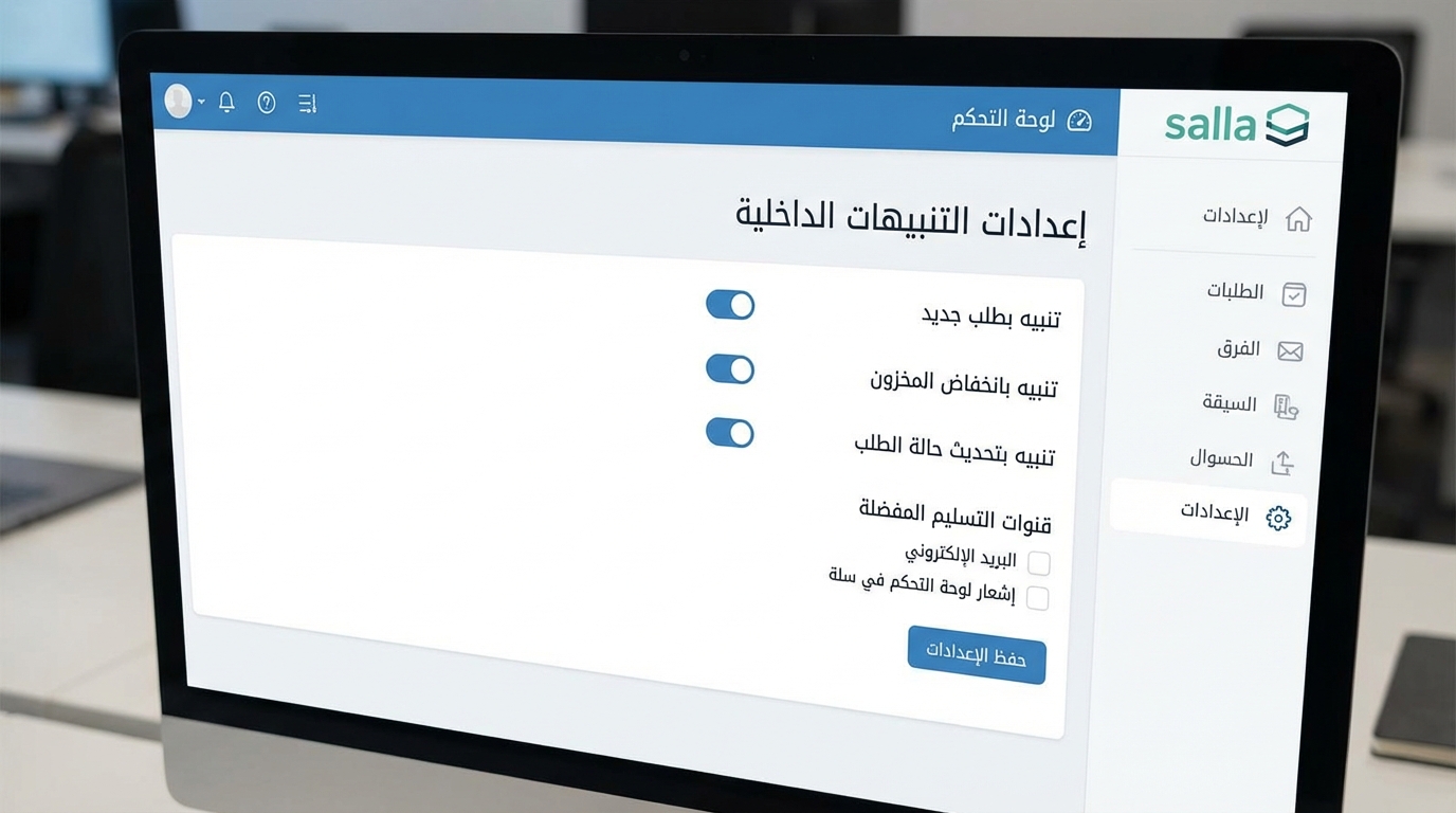 شاشة حاسوب تعرض واجهة إعدادات الإشعارات الداخلية بمتجر سلة باللغة العربية، مع خيارات تفعيل تنبيهات طلب جديد وانخفاض المخزون وتحديث حالة الطلب، مع إمكانية اختيار قنوات التسليم المفضلة مثل البريد الإلكتروني وإشعار لوحة التحكم في سلة، وزر لحفظ الإعدادات.