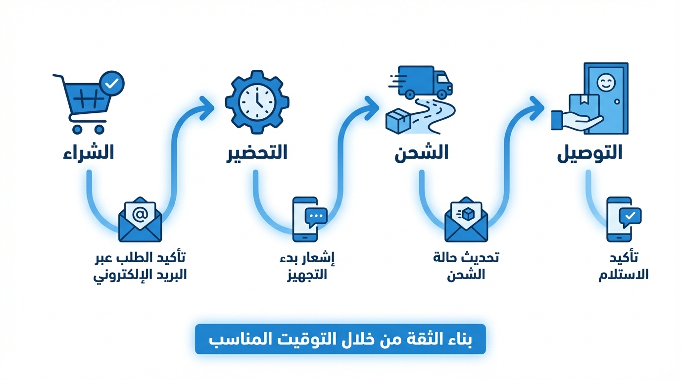 رسم بياني يوضح خطوات عملية الطلب والشحن في متجر سلة باللغة العربية، تبدأ بالشراء وتأكيد الطلب عبر البريد الإلكتروني، ثم التحضير وإشعار بدء التجهيز، يتبعه الشحن وتحديث حالة الشحن، وأخيراً التوصيل مع تأكيد الاستلام عبر الهاتف المحمول، مع نص في الأسفل يقول بناء الثقة من خلال التوقيت المناسب.