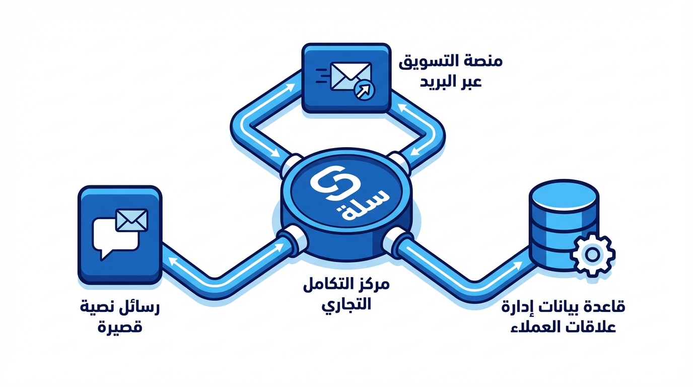 رسم توضيحي يبين مركز التكامل التجاري في متجر سلة، موصول بثلاثة مكونات: منصة التسويق عبر البريد، قاعدة بيانات إدارة علاقات العملاء، ورسائل نصية قصيرة. الأسهم تظهر تدفق البيانات بين العناصر.