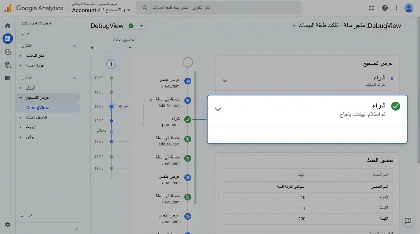 صورة شاشة من Google Analytics 4 تعرض عرض التصحيح DebugView لمتجر سلة، تظهر قائمة بالأحداث المحققة مثل عرض عنصر، إضافة إلى السلة، وشراء، مع تفاصيل الحدث التي تتضمن اسم الحدث وقيمته ومكونات السلة. النص باللغة العربية ويوضح عملية التحقق من استلام بيانات الشراء بنجاح.