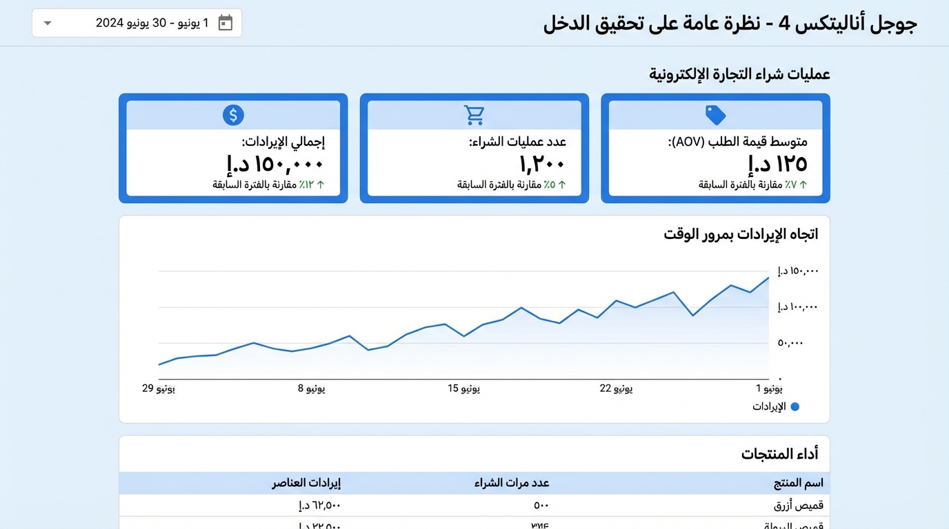 واجهة تقرير جوجل أناليتكس 4 باللغة العربية تظهر نظرة عامة على تحقيق الدخل من تحليلات عمليات شراء التجارة الإلكترونية لشهر يونيو 2024، مع بيانات مثل إجمالي الإيرادات 150,000 د.ا، وعدد عمليات الشراء 1200، ومتوسط قيمة الطلب 125 د.ا، بالإضافة إلى رسم بياني يظهر ارتفاع الإيرادات بمرور الوقت وأداء المنتجات مع تفاصيل الإيرادات وعدد مرات الشراء لمنتجات مثل قميص أزرق.
