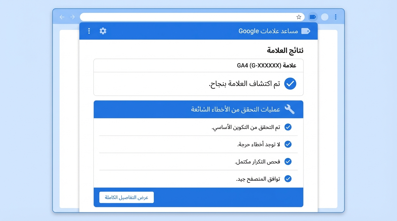 نافذة منبثقة في متصفح جوجل تعرض نتائج فحص علامة Google Analytics 4 (GA4) مع رسالة تؤكد اكتشاف العلامة بنجاح، وقائمة تحقق تظهر نتائج عمليات التحقق من الأخطاء الشائعة مثل التحقق من التكوين الأساسي، عدم وجود أخطاء حرجة، اكتمال فحص التكرار، وتوافق المتصفح بشكل جيد، وكلها معلمة بعلامة الصح.